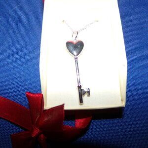 New -Silver Rhodium-Plated Heart Locket Key Pendant - 750 Italy - Red Ribbon Box